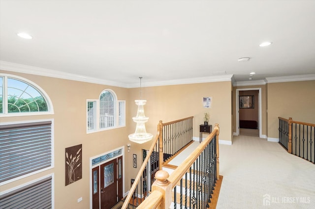 9 Bouvier Ln, South Brunswick, NJ 08816 - corridor featuring an upstairs landing, crown molding, healthy amount of natural light, baseboards, and carpet flooring