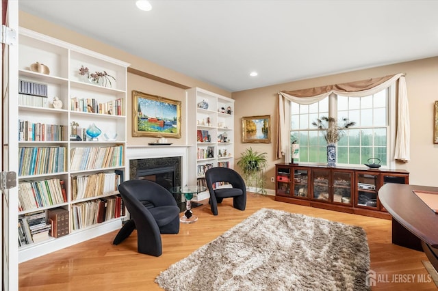 9 Bouvier Ln, South Brunswick, NJ 08816 - living area with a glass covered fireplace, wood finished floors, and recessed lighting