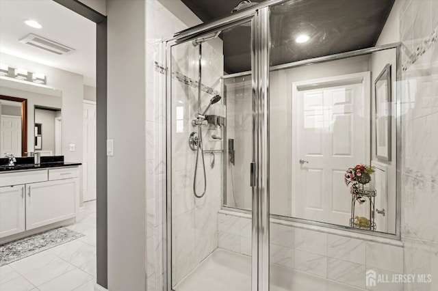 9 Bouvier Ln, South Brunswick, NJ 08816 - full bathroom featuring a stall shower, vanity, and marble finish flooring