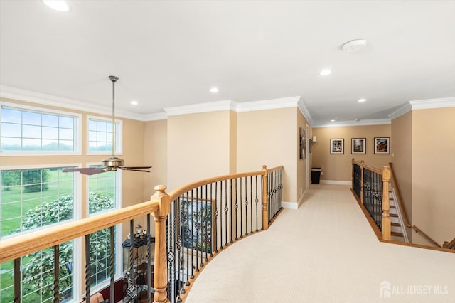 9 Bouvier Ln, South Brunswick, NJ 08816 - hallway with an upstairs landing, recessed lighting, baseboards, crown molding, and carpet