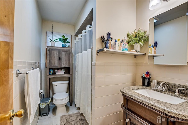 84 Kossuth St, Piscataway, NJ 08854 - full bathroom featuring tile walls, tile patterned floors, vanity, a wainscoted wall, and a shower with shower curtain