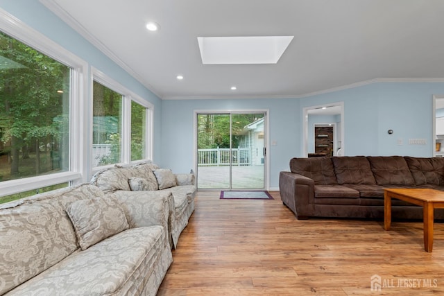 910 Curtis Pl, North Brunswick, NJ 08902 - living room featuring light wood-type flooring, a skylight, crown molding, and recessed lighting