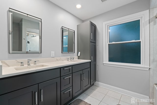 910 Curtis Pl, North Brunswick, NJ 08902 - bathroom with double vanity, tile patterned flooring, and a shower