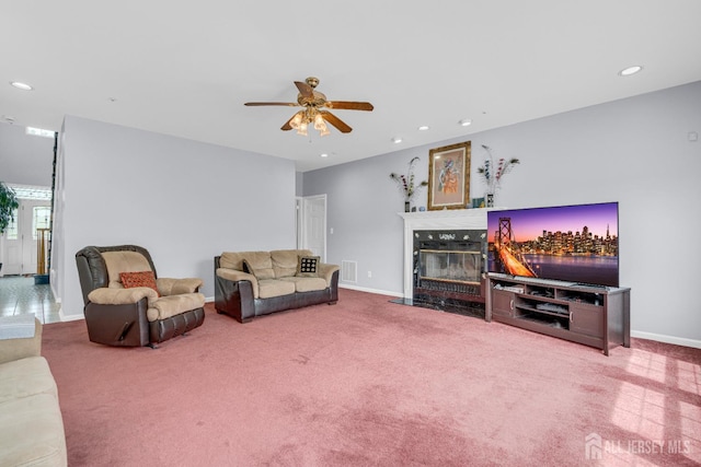 6 Garretson Dr, Franklin, NJ 08823 - carpeted living room with ceiling fan, a premium fireplace, recessed lighting, and baseboards