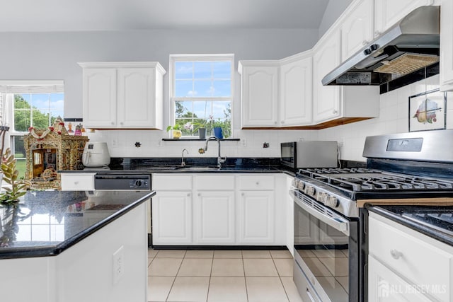 6 Garretson Dr, Franklin, NJ 08823 - kitchen featuring stainless steel gas stove, under cabinet range hood, a sink, white cabinetry, and light tile patterned floors