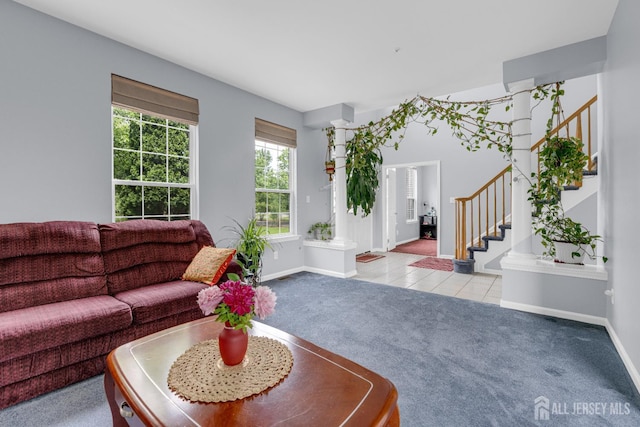6 Garretson Dr, Franklin, NJ 08823 - living area with stairs, carpet, and baseboards