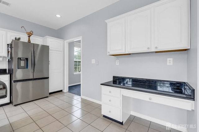 6 Garretson Dr, Franklin, NJ 08823 - kitchen featuring stainless steel fridge, white cabinets, dark countertops, baseboards, and recessed lighting