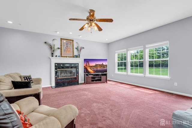 6 Garretson Dr, Franklin, NJ 08823 - carpeted living room featuring ceiling fan, a fireplace with flush hearth, baseboards, and recessed lighting