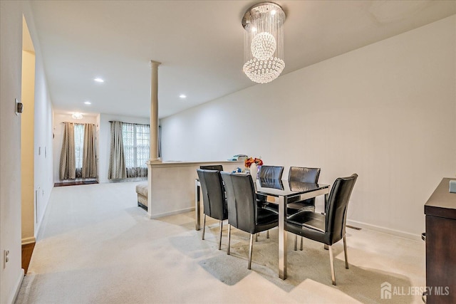 dining area with light colored carpet, baseboards, and recessed lighting