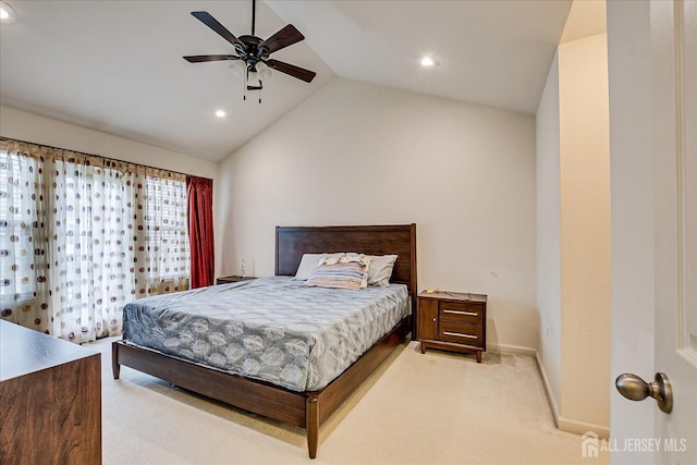 bedroom featuring vaulted ceiling, light colored carpet, recessed lighting, a ceiling fan, and baseboards