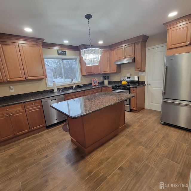 kitchen featuring appliances with stainless steel finishes, recessed lighting, light wood-style flooring, and under cabinet range hood