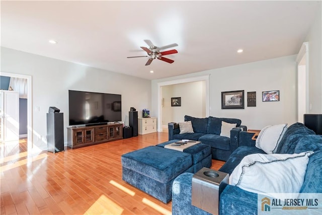 11 Hilltop Blvd N, East Brunswick, NJ 08816 - living area with a ceiling fan, light wood-type flooring, recessed lighting, and baseboards