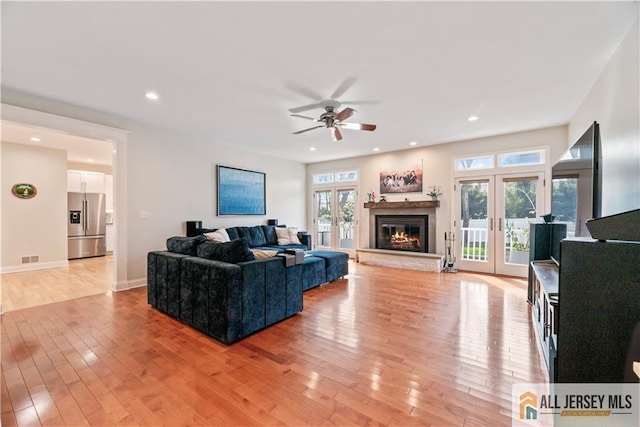 11 Hilltop Blvd N, East Brunswick, NJ 08816 - living area featuring french doors, light wood-style floors, a ceiling fan, recessed lighting, and baseboards
