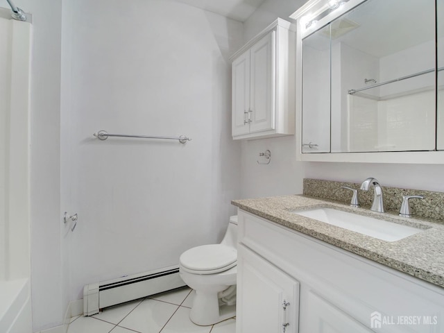 bathroom with a shower, a baseboard radiator, toilet, vanity, and tile patterned flooring