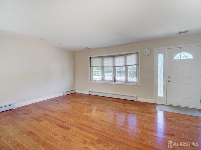 entryway with baseboards, a baseboard radiator, visible vents, and light wood-style floors