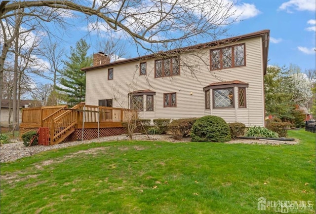 6 Persimmon Ct, East Brunswick, NJ 08816 - rear view of property with a chimney, a wooden deck, a lawn, and stairway