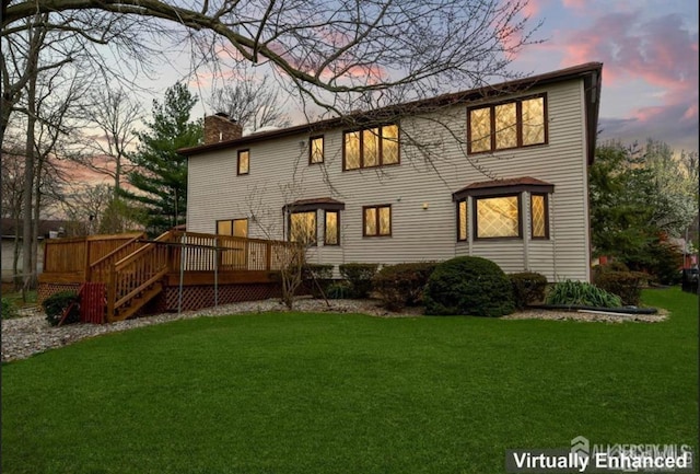 6 Persimmon Ct, East Brunswick, NJ 08816 - back of property featuring a chimney, a wooden deck, and a lawn