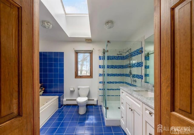 6 Persimmon Ct, East Brunswick, NJ 08816 - full bathroom featuring baseboard heating, tile patterned flooring, a shower stall, and vanity
