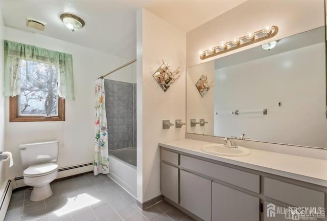 6 Persimmon Ct, East Brunswick, NJ 08816 - full bath featuring a baseboard radiator, tile patterned floors, vanity, and shower / bathtub combination with curtain