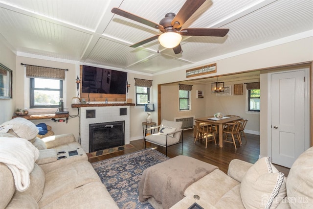 33 Orchard Rd, Middlesex, NJ 08846 - living area with wood finished floors, a large fireplace, ceiling fan, and baseboards