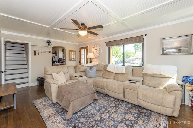 33 Orchard Rd, Middlesex, NJ 08846 - living room featuring coffered ceiling, a ceiling fan, wood-type flooring, baseboards, and arched walkways