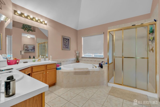 35 Spruce Meadows Dr, Monroe, NJ 08831 - bathroom featuring double vanity, tile patterned flooring, a stall shower, a garden tub, and lofted ceiling
