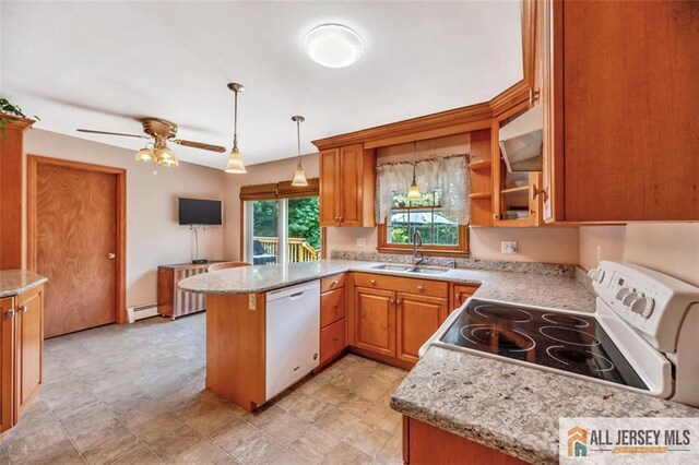 kitchen featuring exhaust hood, kitchen peninsula, a baseboard heating unit, white appliances, and sink