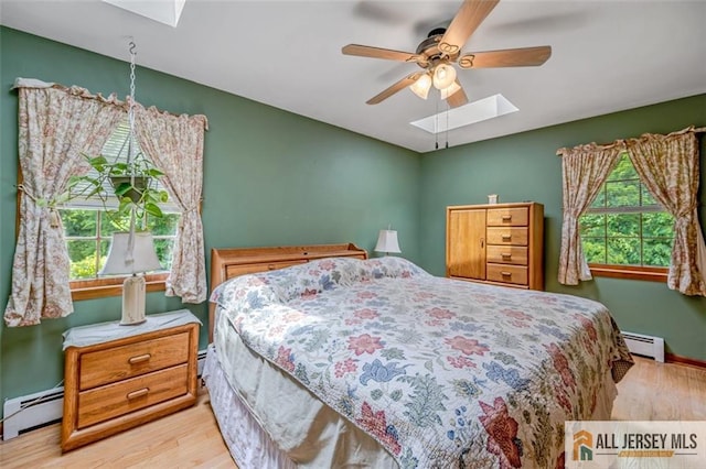 bedroom with ceiling fan, baseboard heating, hardwood / wood-style floors, and a skylight