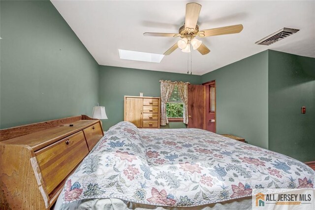 bedroom with ceiling fan and a skylight