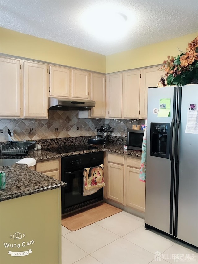 156 Nebula Rd, Piscataway, NJ 08854 - kitchen featuring black appliances, under cabinet range hood, dark stone counters, decorative backsplash, and a textured ceiling