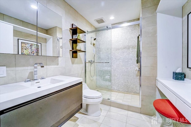 1580 Mountain Top Rd, Bridgewater, NJ 08807 - full bath with vanity, toilet, a shower stall, tile patterned flooring, and tile walls