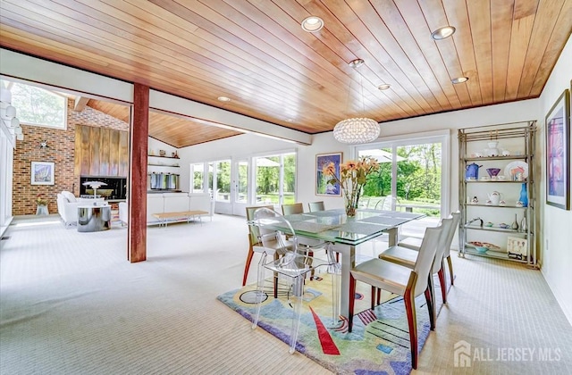 1580 Mountain Top Rd, Bridgewater, NJ 08807 - carpeted dining room featuring wooden ceiling, recessed lighting, lofted ceiling, a chandelier, and baseboards