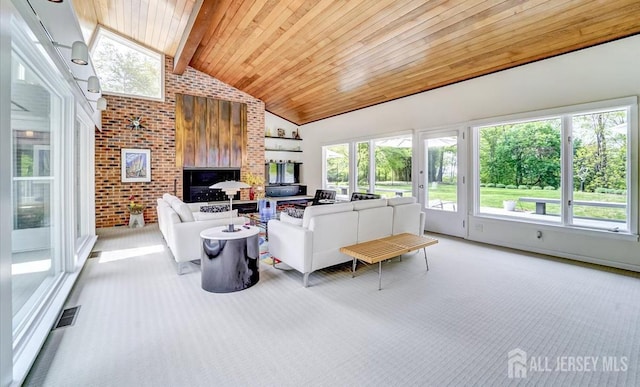 1580 Mountain Top Rd, Bridgewater, NJ 08807 - living area featuring light carpet, wood ceiling with exposed beams, high vaulted ceiling, brick wall, and a fireplace