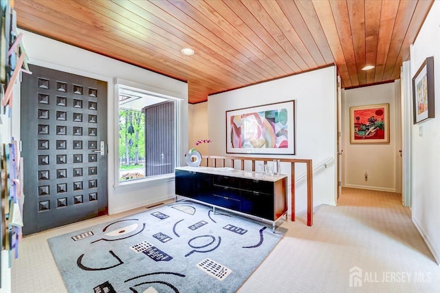 1580 Mountain Top Rd, Bridgewater, NJ 08807 - foyer featuring wooden ceiling, carpet, baseboards, and recessed lighting
