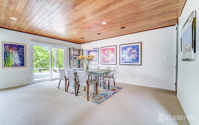 1580 Mountain Top Rd, Bridgewater, NJ 08807 - dining space featuring carpet flooring, wood ceiling, recessed lighting, baseboards, and a chandelier