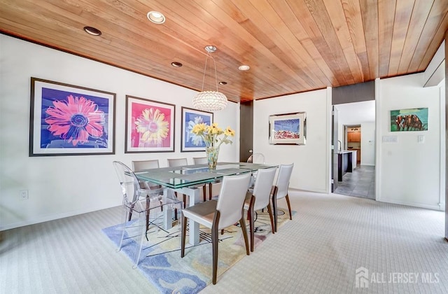 1580 Mountain Top Rd, Bridgewater, NJ 08807 - dining space with wood ceiling, light carpet, and recessed lighting