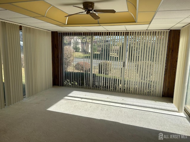 exterior space with a drop ceiling, a ceiling fan, and carpet floors