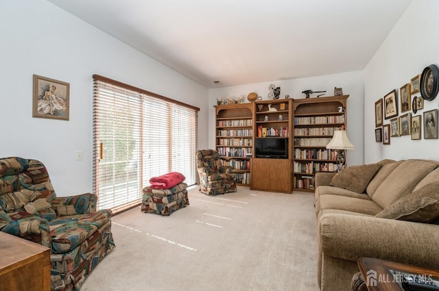 living area featuring carpet