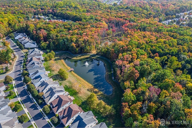 aerial view with a water view, a wooded view, and a residential view