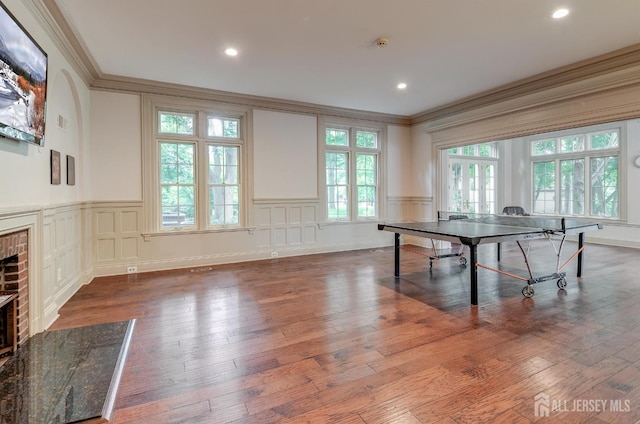 18 Sayre Dr, Piscataway, NJ 08540 - recreation room with ornamental molding, a decorative wall, hardwood / wood-style flooring, a wainscoted wall, and a fireplace