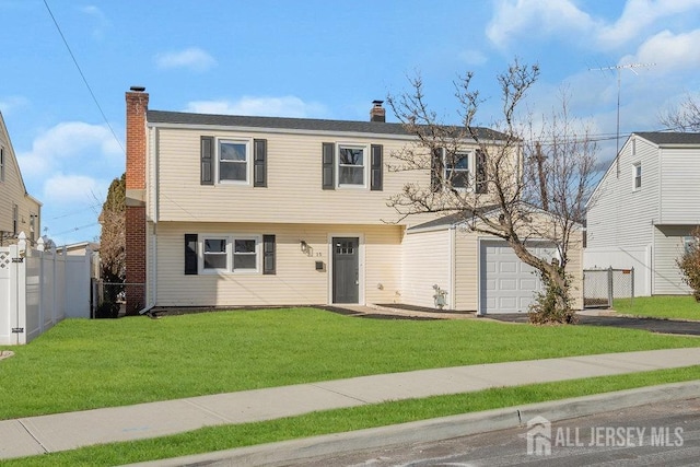 view of front of property featuring a front lawn and a garage