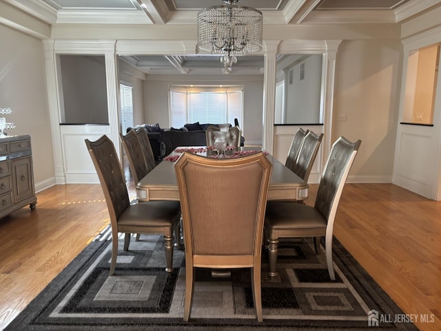 89 Sharot St, Carteret, NJ 07008 - dining room with a chandelier, wood finished floors, crown molding, coffered ceiling, and beam ceiling