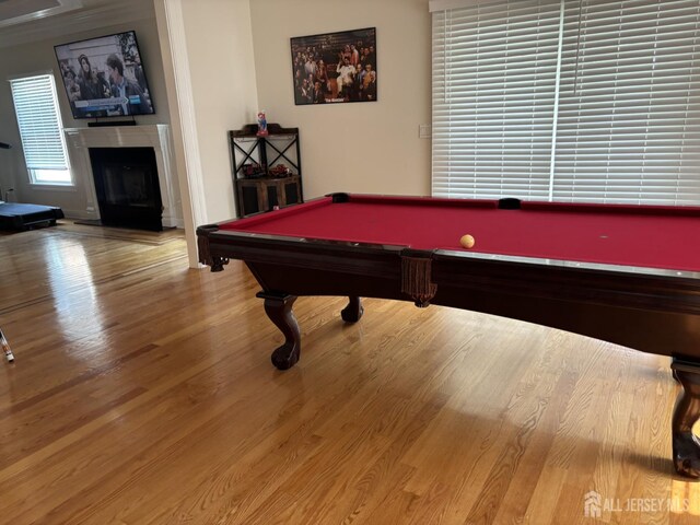 89 Sharot St, Carteret, NJ 07008 - playroom featuring billiards table, a glass covered fireplace, and wood finished floors
