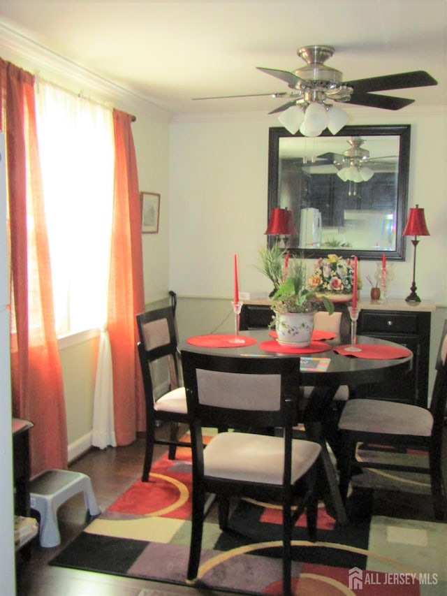 30-N Bradford Ln, Monroe, NJ 08831 - dining space featuring ceiling fan, ornamental molding, and wood finished floors