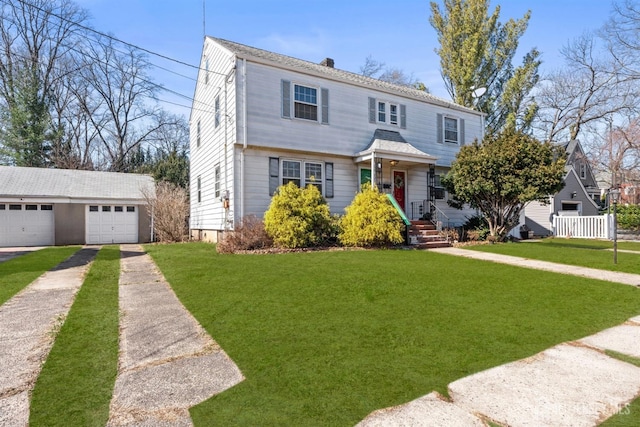 colonial inspired home featuring an outbuilding, a chimney, a front yard, and fence