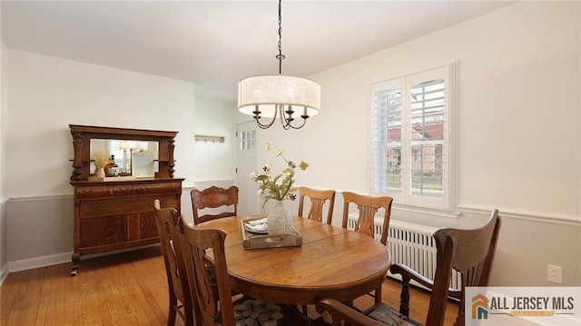 dining room featuring radiator, an inviting chandelier, baseboards, and hardwood / wood-style flooring