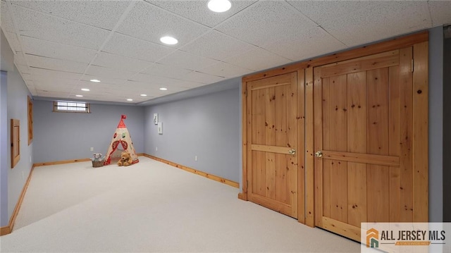 game room with baseboards, recessed lighting, and carpet
