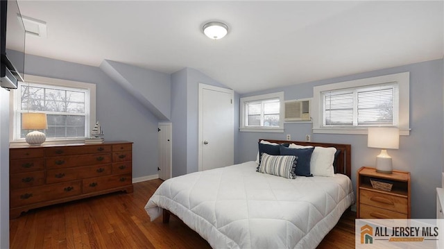 bedroom featuring wood finished floors and vaulted ceiling
