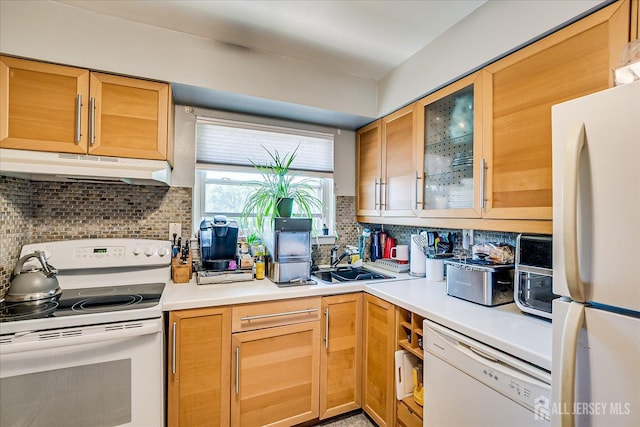 521 Andria Ave Unit 202, Hillsborough, NJ 08844 - kitchen with white appliances, under cabinet range hood, a sink, backsplash, and light countertops
