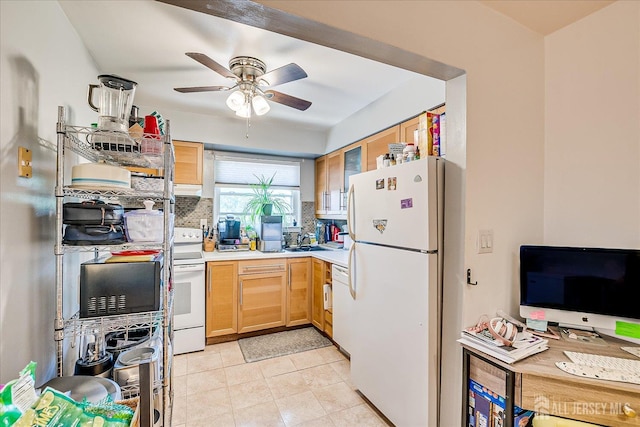 521 Andria Ave Unit 202, Hillsborough, NJ 08844 - kitchen featuring white appliances, a ceiling fan, light countertops, decorative backsplash, and light tile patterned floors